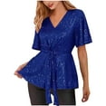 thumbnail image 2 of Women's Short Sleeve V Neck Wrap Belted Ruffle Peplum Blouse Tops, 2025, 2 of 6