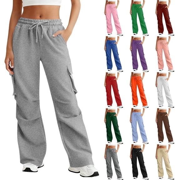 cocolona Womens Cargo Sweatpants Wide Leg Baggy Sweat Pants Multi-Pocket Cargo Pants Fashion Solid Color Lounge Trousers