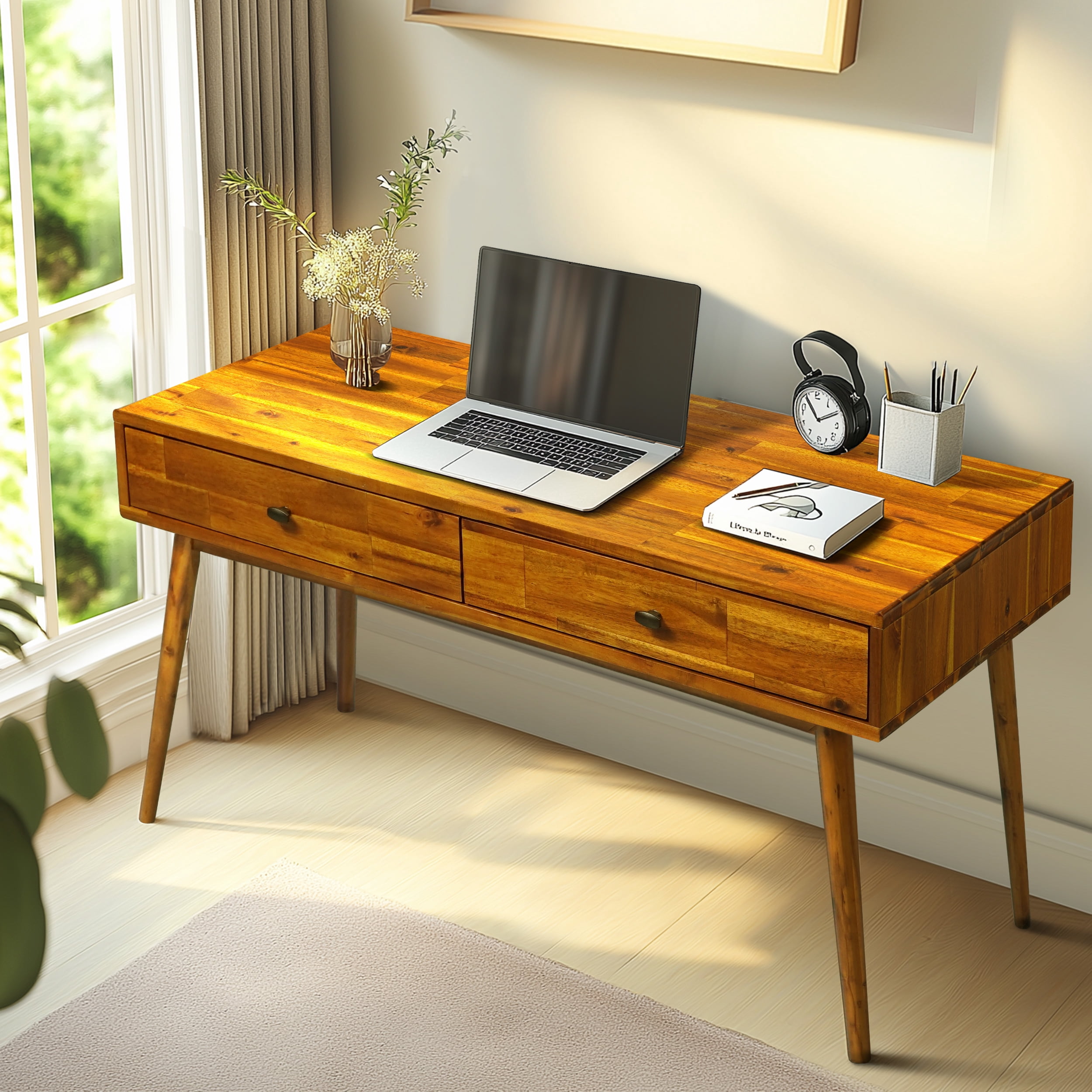 Acacia Lagom 48" Solid Wood Work Desk with Drawers Office Desk for Home Office, Caramel