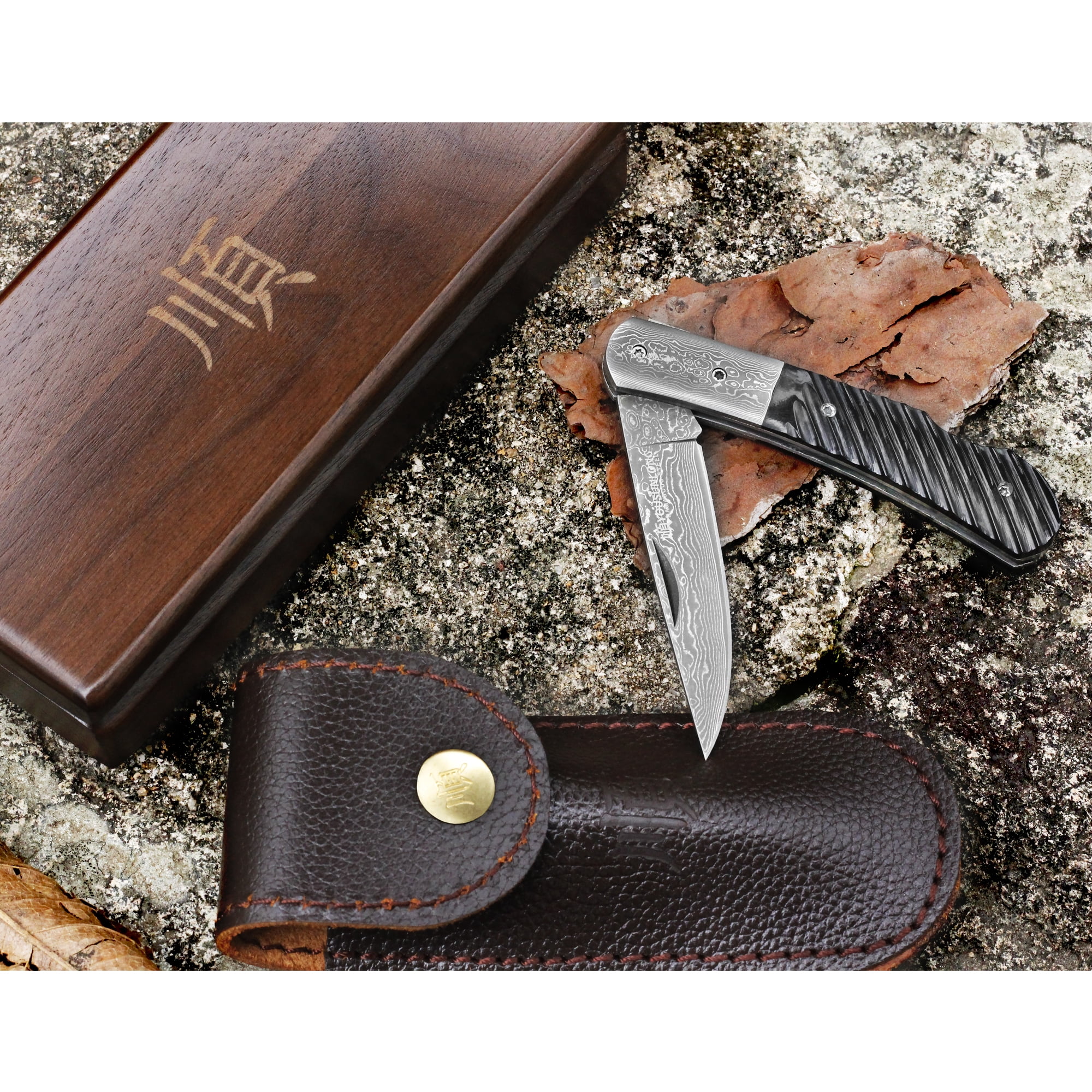 YOUSUNLONG Folding Knife - Camping Knife Overall 175mm Japanese Damascus Steel Buffalo Horn Handle