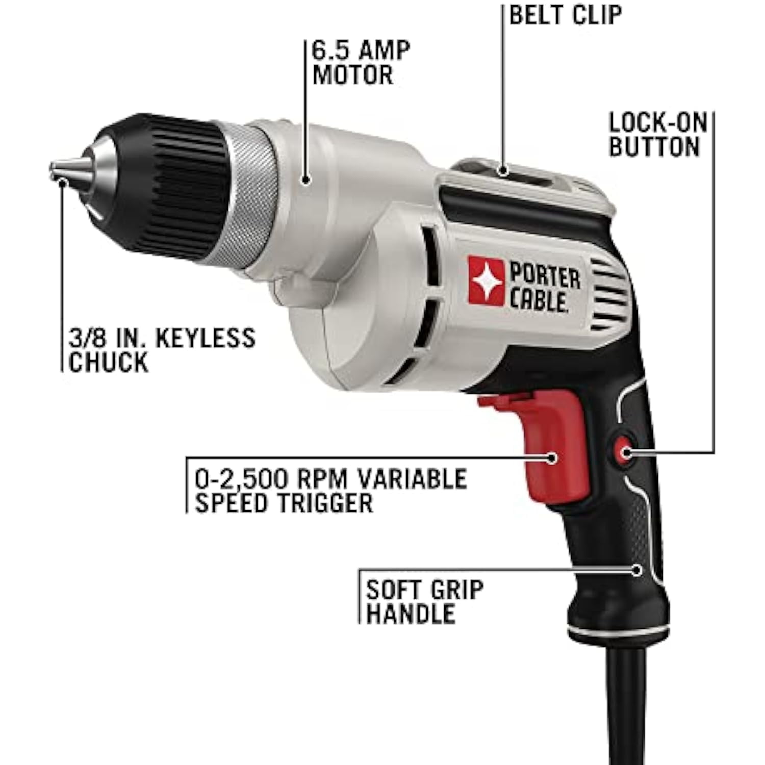 PORTER-CABLE Corded Drill, Variable Speed, 6-Amp, 3/8-Inch (PC600D)