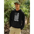 thumbnail image 3 of Faith & Freedom Men's Hoodie- Distressed White USA Flag Cross Design - Christian Apparel - Perfect for Patriotic Celebrations - Ideal Gift for Followers of Jesus- Cozy Religious Outfit- XX-Large Black, 3 of 5