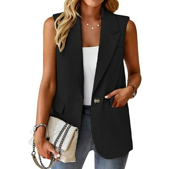 SWSMCLT Women's Fall Blazer Vest Fashion Cape Blazer One Button Button Formal Vest Billowy Pocket Flap Pocket Black X-Large