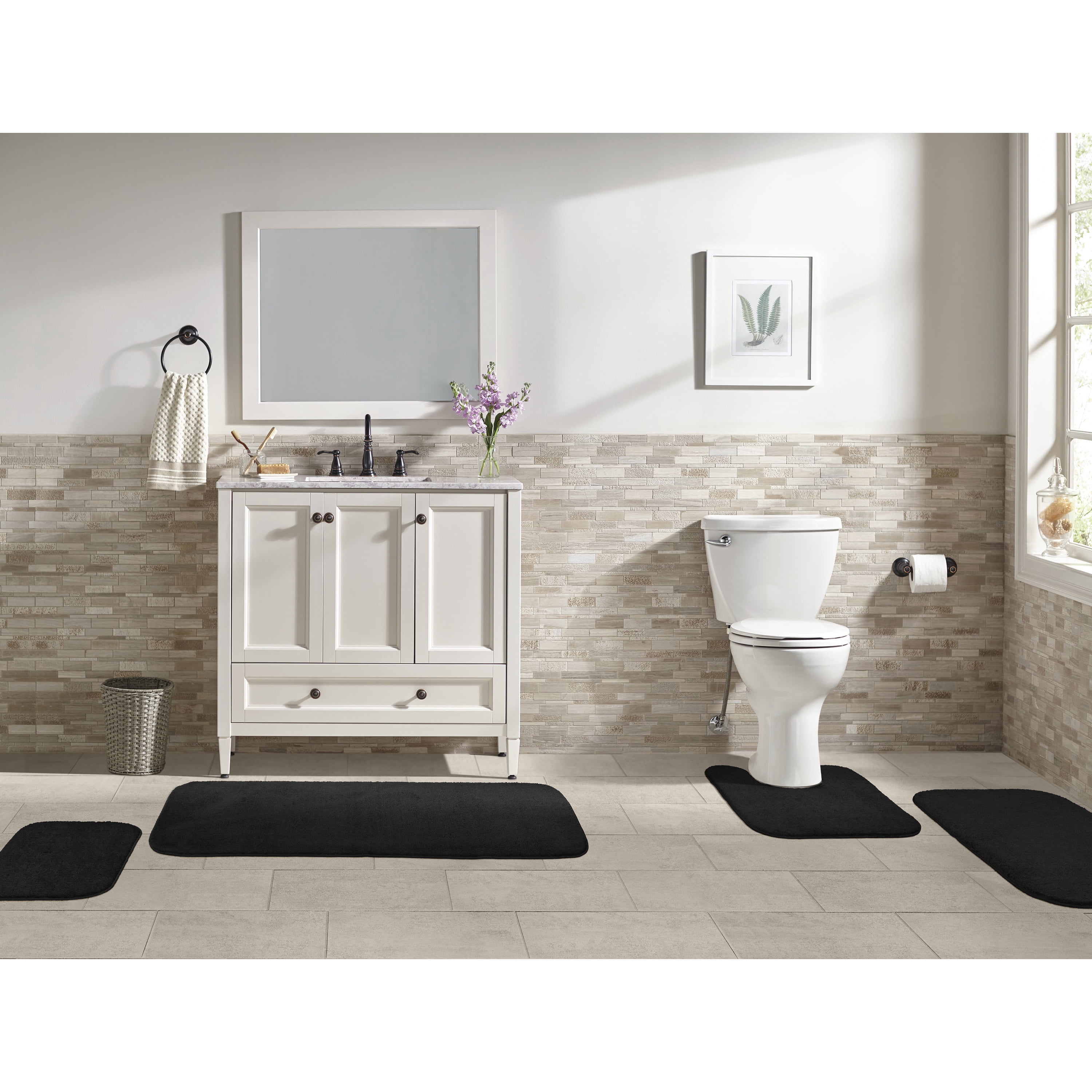 Garland Rug Gramercy Washable Bath Rug Set, 4-Piece (2 Bath Rugs, Contour Rug, Runner Rug) Black