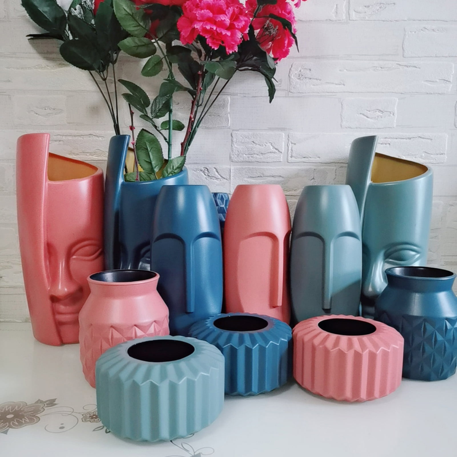 Face Vase Modern Handicraft Plastic Nordic Style Fake Flower Human Pot for Home 