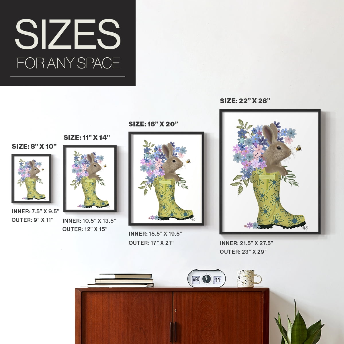 Welly Bunny And Bee Framed Print in Black Solid Wood 8 x 10 Framed Print