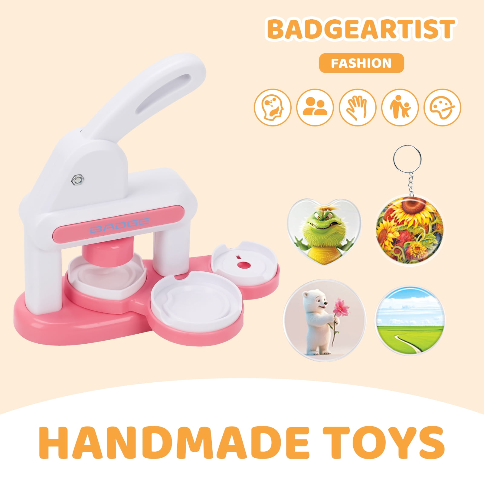 Badge Maker for Kids, 35-55mm (1.37-2.16 inch) DIY Pin Button Maker Press Machine, Badge Machine Punch Kit with 24 pcs Button Parts & Picture Cutters for Kids DIY Gifts and Christmas-Pink