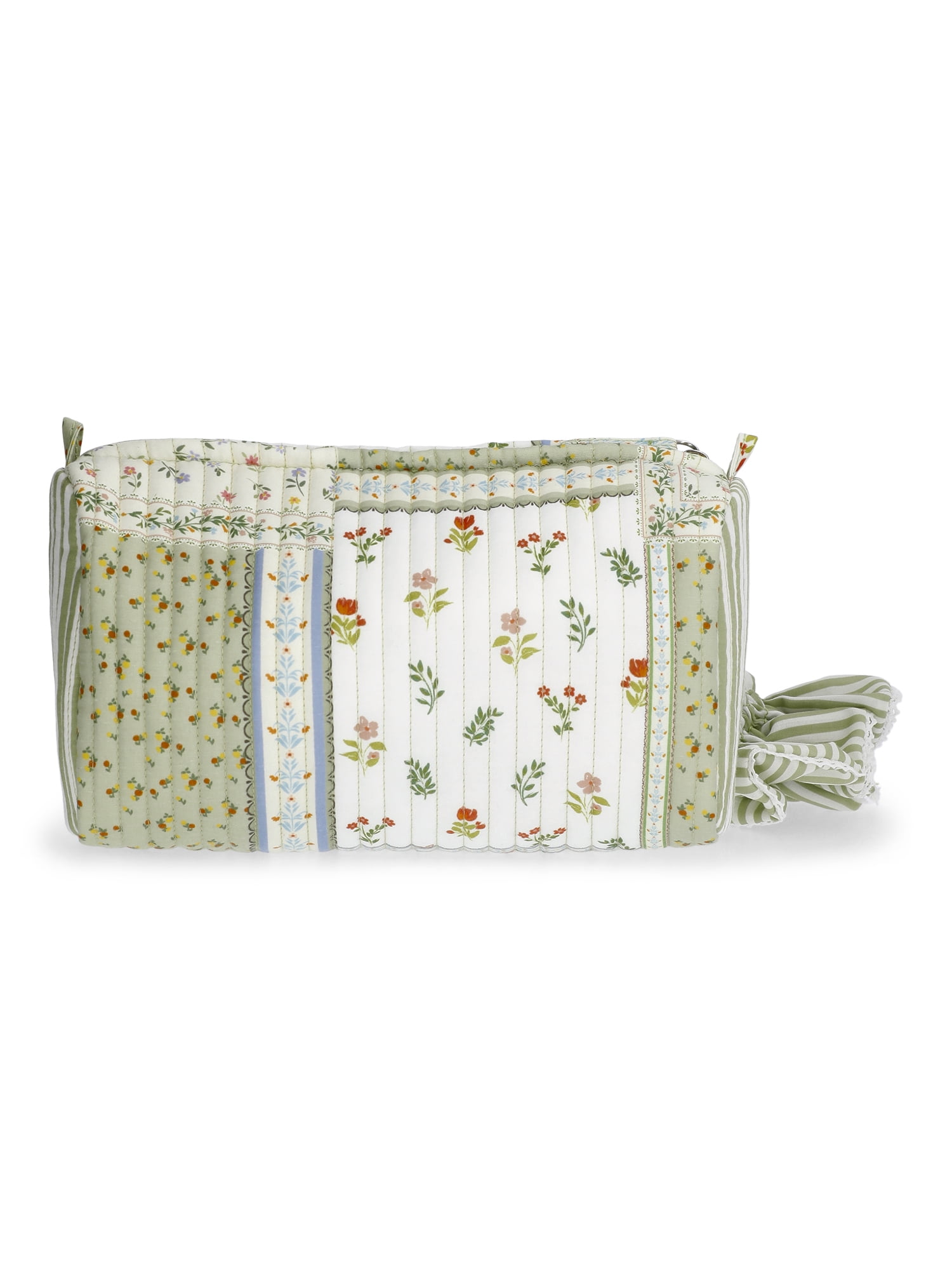 No Boundaries Women's Quilted Pouch and Hair Scrunchie Set, 2-Piece, Green Patchwork Floral/Stripe