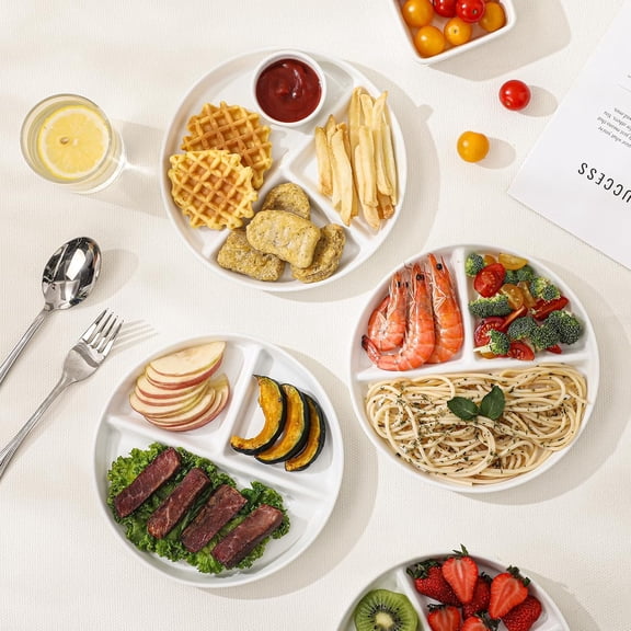 Ceramic Divided Plates Set of 4Pcs, large, White, Portion Control Plate, Reusable Bariatric Plate for Kids Adults, 3 Compartment Plates