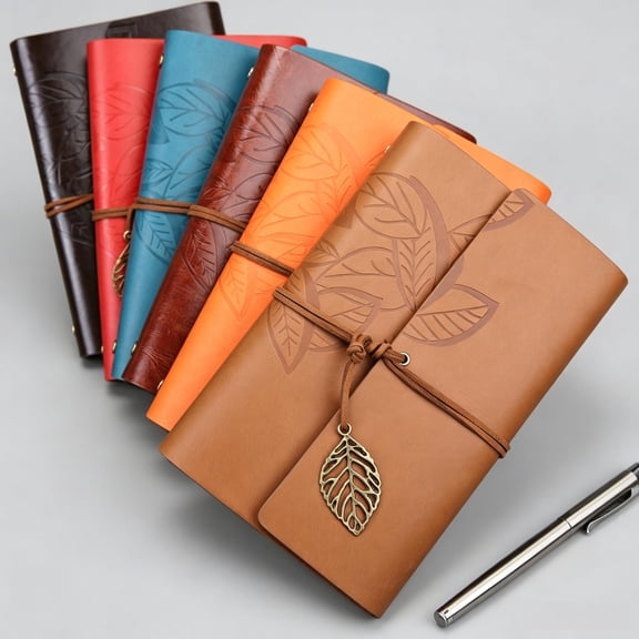 Journal Notebook for Women & Men, Retro Leaf Embossed Faux Leather Travel Notebook, 4.92×7.28in Loose-Leaf Journal with Leaf Charm & String Closure, No-Bleed Paper for Daily Planning & Travel Use