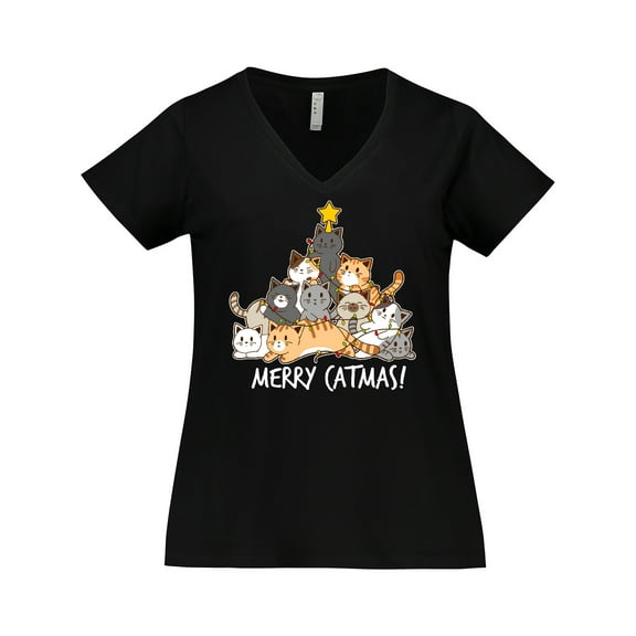 Inktastic Merry Catmas with Cat Tree and Yellow Star Women's Plus Size V-Neck T-Shirt