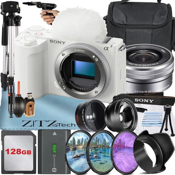 Sony ZV-E10 II Mirrorless Camera (White) with 16-50mm Lens   128GB Card   Case   Wideangle   Telephoto   ZeeTech Accessory Bundle (International Version)