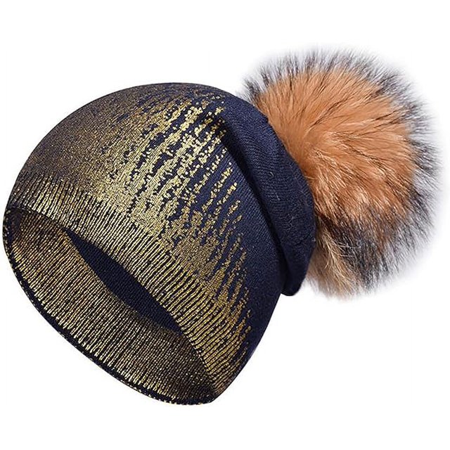 Gorro de invierno de lana cálido - Azul dorado, Gorro cálido dorado para mujer, Regalo de Navidad, Accesorios de moda