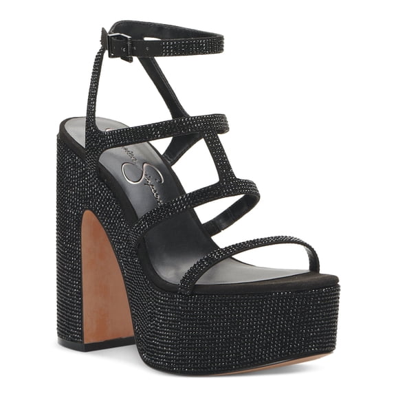 JESSICA SIMPSON Womens Black Mixed Media Padded Strappy Ankle Strap Embellished Meitini Round Toe Platform Buckle Dress Heeled Sandal 9 M