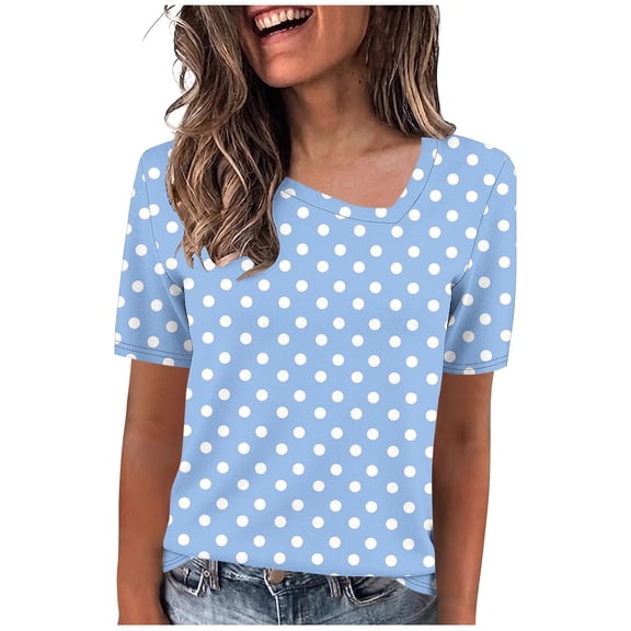 DeHolifer Women Summer T-Shirts Casual Printed Slanted Collar Short Sleeve Tee Tops Light Blue S