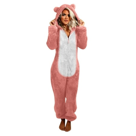 

YUEHAO Women Long Sleeve Hooded Jumpsuit Pajamas Casual Winter Warm Rompe Sleepwear Coats For Women Pink