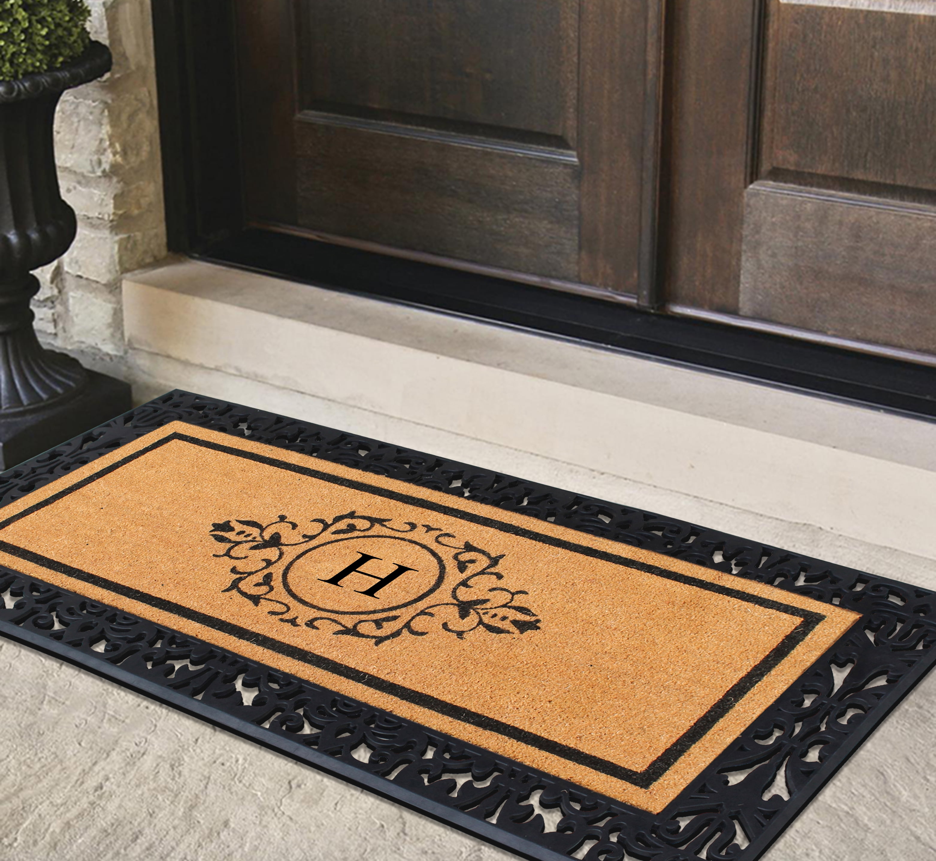 A1HC Natural Coir and Rubber Paisley Hand-Flocked Monogrammed Doormat, 30"x60", Durable Low Profile Heavy Duty Outdoor Front Door Mat, Black