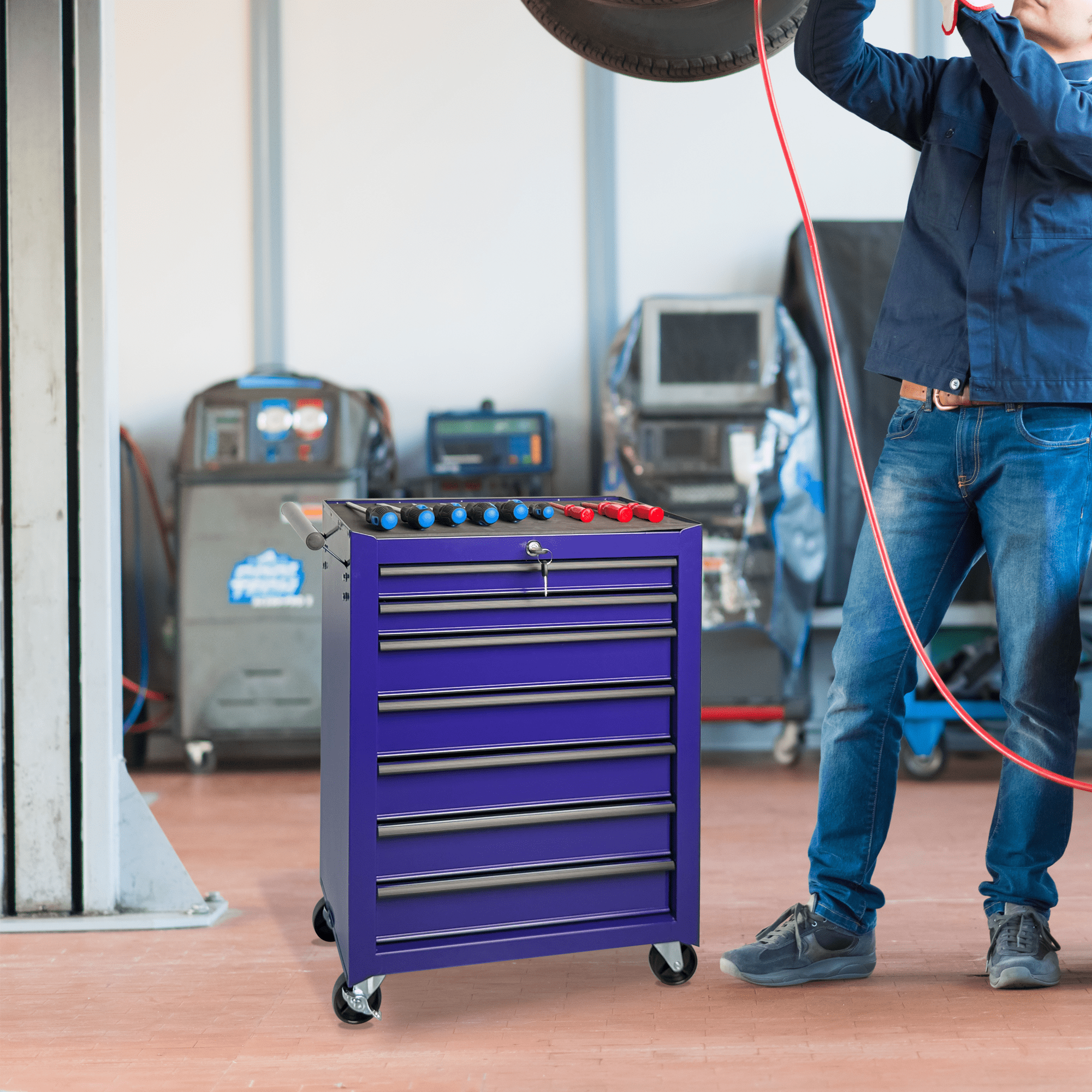 Rolling 20-Inch Metal Tool Chest with 7 Drawers and Ball Bearing Slides, Steel Tool Cabinet for Garage and Workshop, Purple