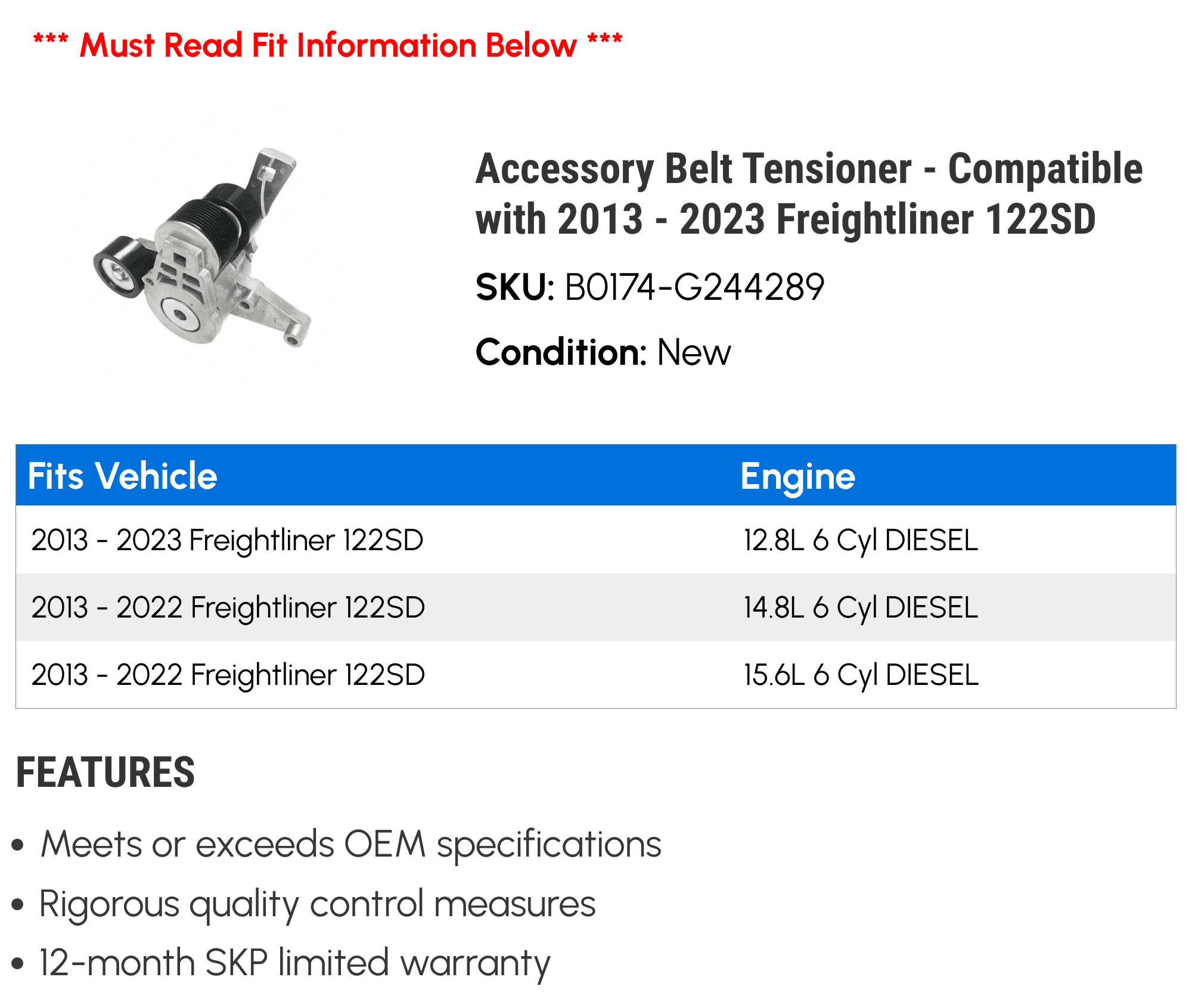 Accessory Belt Tensioner - Compatible with 2013 - 2023 Freightliner 122SD 2014 2015 2016 2017 2018 2019 2020 2021 2022