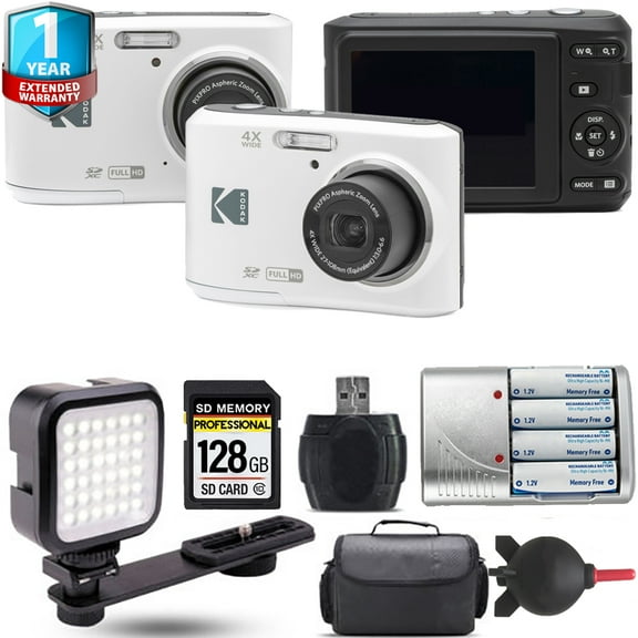 Kodak Pixpro FZ45 Camera (White) Extra Battery 1 Yr Warranty - 128GB Kit (International Version)