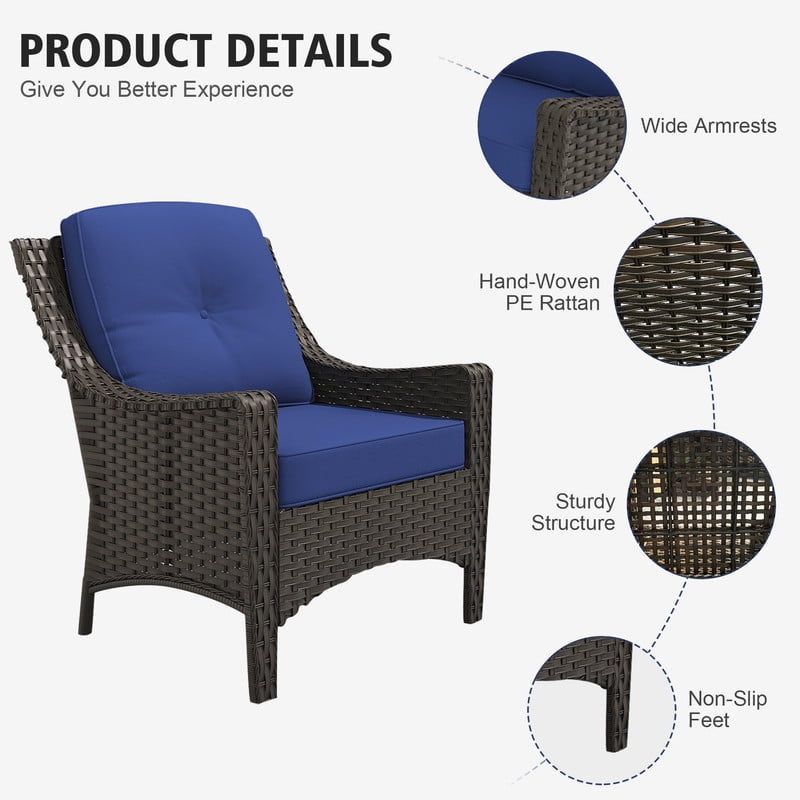 GAZEBETER 2-Pack Patio Chairs,PE Rattan Chairs with Thick Cushions,All-Weather Waterproof Outdoor Furniture Single Chairs for Porch,Poolside or Backyard (Blue)