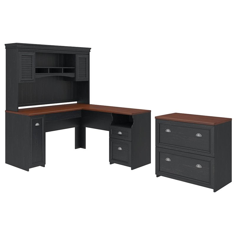 Bush Fairview L Shaped Computer Desk With Hutch And File In Black