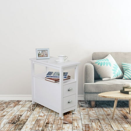 MF Studio End Table 2 Drawers & 1 Shelf Space-Saving Rectangular Bedside Table with Metal Handle, Retro End Table for Living Room Bedroom Home Furniture Side Table, White