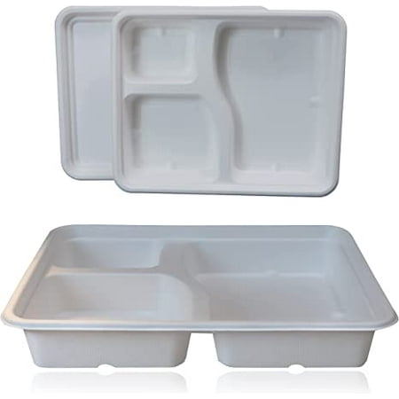 

SIMOND STORE - 3 Compartment Meal Trays with Lids - [Pack of 100] Disposable 100% Compostable Paper Trays - Heavy Duty Eco-Friendly - Sugarcane Bagasse Fiber Biodegradable Trays for Restaurant Party