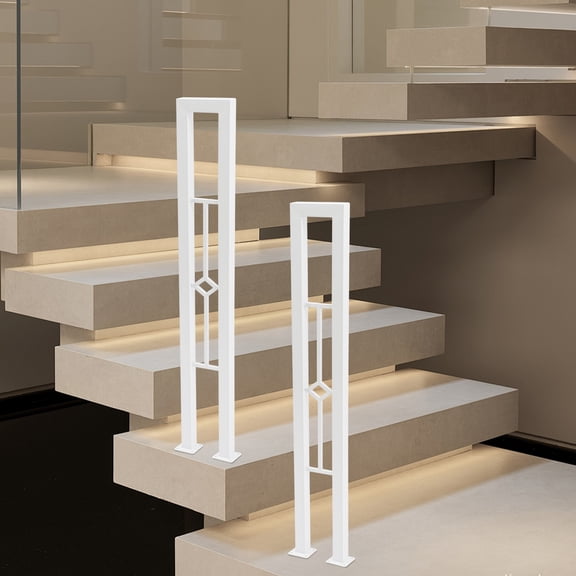ToppiJoy 2Pcs U-Shaped Stair Handrail, Wrought Iron Hand Rails for Outdoor & Indoor Steps, Non-Slip Safety Support Poles for Porch Deck Loft(White, Diamond)