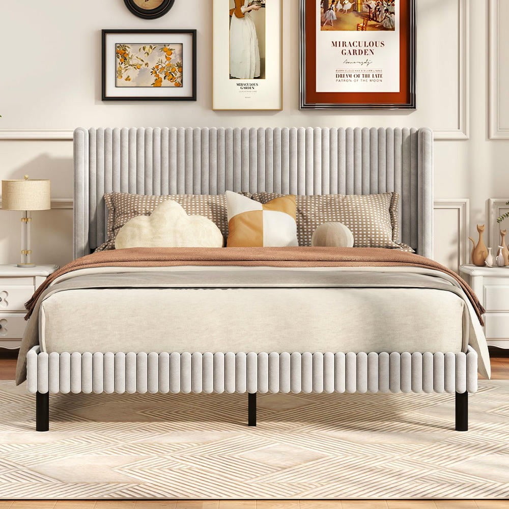 Barara King Queen Size Velvet Bedroom Bed Frame with Vertical Channel Tufted Wingback Headboard, Bed Platform Frame for Apartment, Bedroom, White