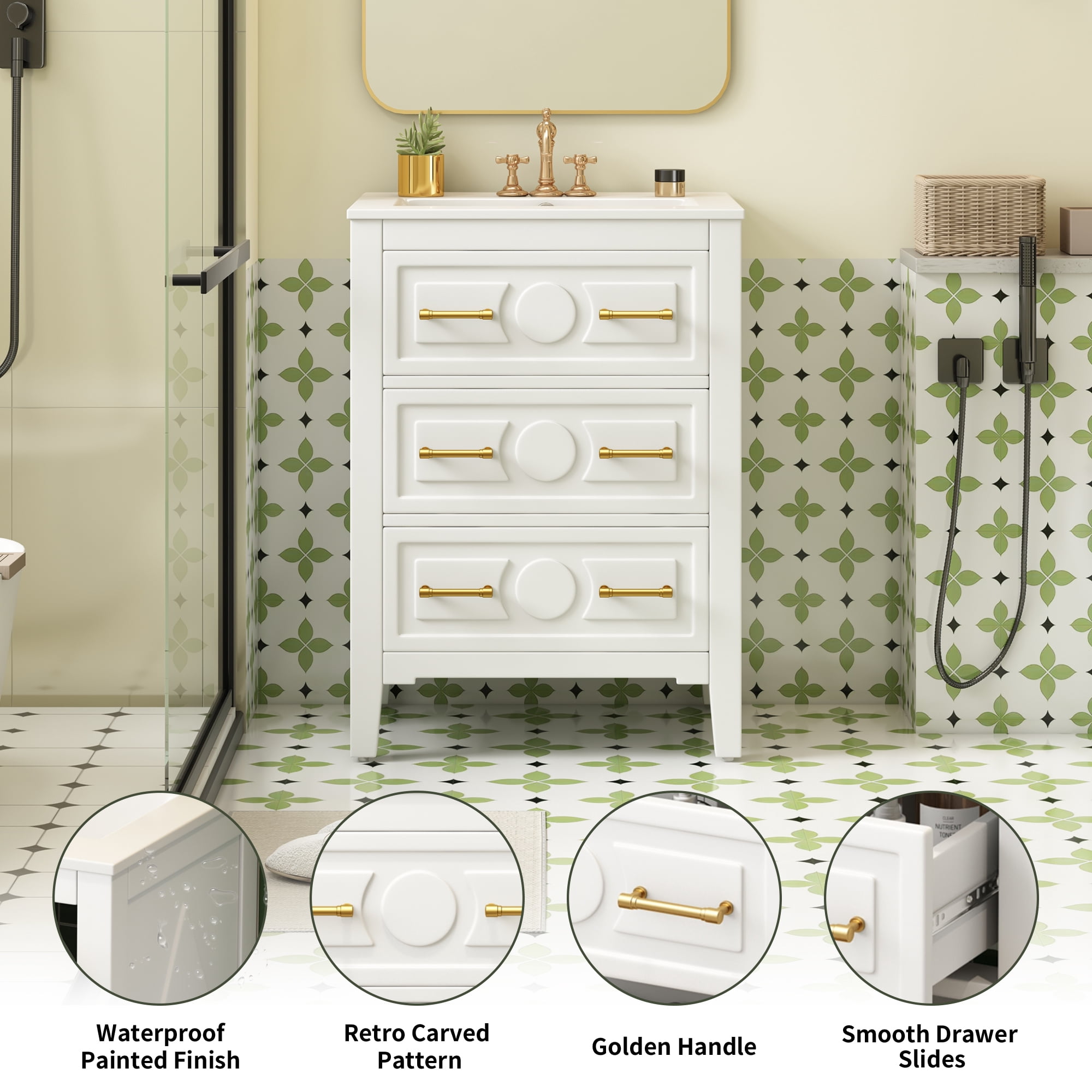 Euroco 24'' Bathroom Vanity with Ceramic Sink Combo, Free Standing Single Vanity Set with 3 Drawers, Solid Wood Frame Bathroom Storage Cabinet, White