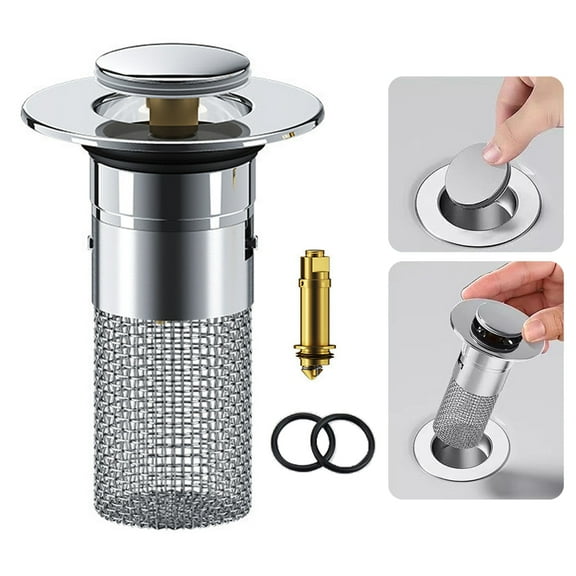 Opvise No-Tool Install Sink Drain Stopper, Universal 1.1”-1.58” Fit, Rustproof SUS304 Brass Core, Clog Prevention Hair Catcher, Modern Design for Bathroom/Kitchen Sinks