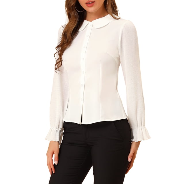 INSPIRE CHIC Women's Peter Pan Collar Tops Contrast Panel Work Button Down Shirt White L