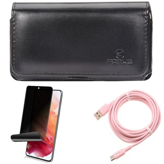 10ft Long USB-C Cable & Privacy Screen Protector & Case Belt Clip for Samsung Galaxy S22 (6.1") - Pink Charger Cord & TPU Film Fingerprint Works & Leather Swivel Accessory Bundle