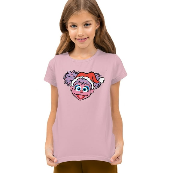 Sesame Street Christmas Santa Hat Abby Cadabby Face Kids T Shirt for Youth Boys and Girls, Pink, Medium