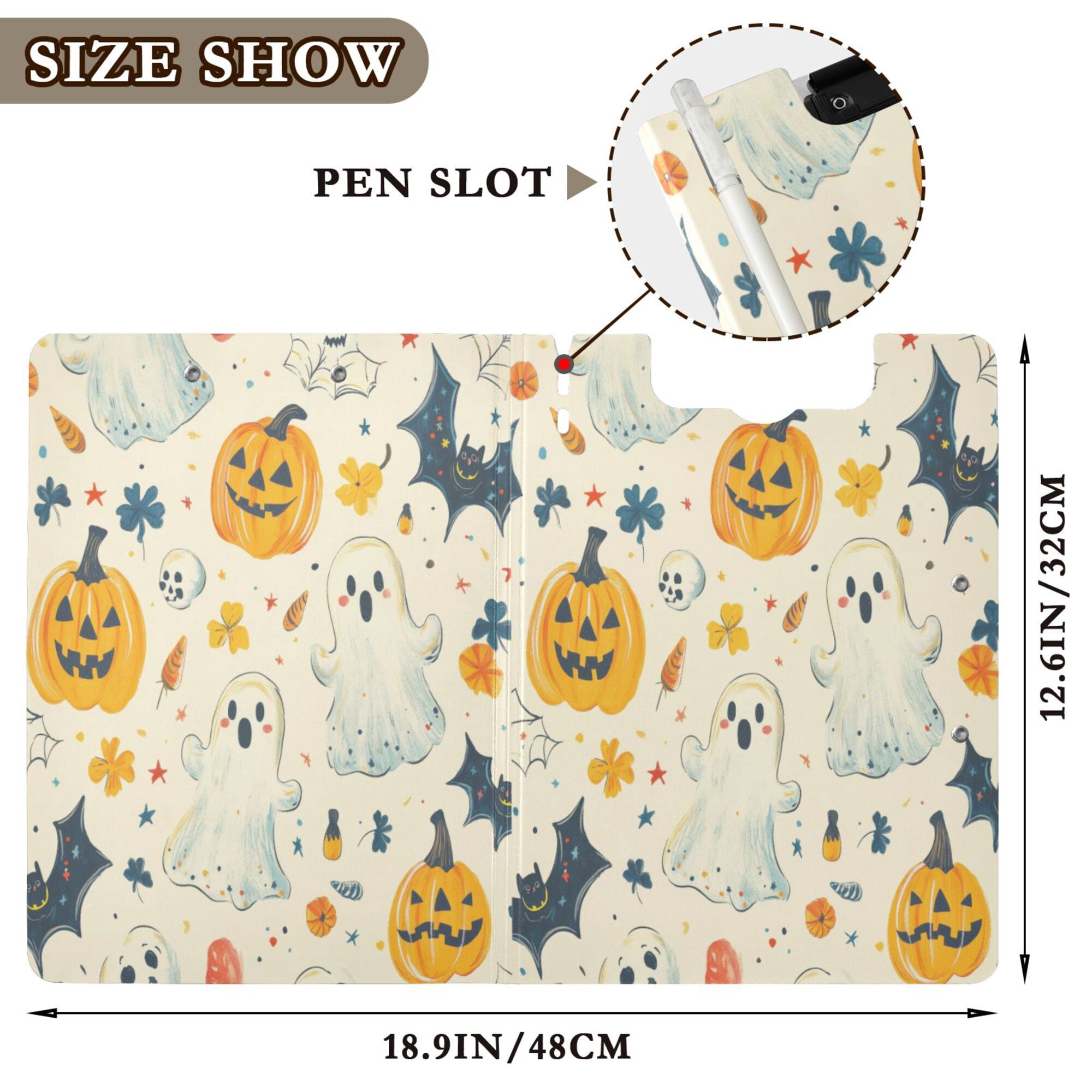 FORMRS A4 Clipboard Folder with Pen Holder Horizontal Foldable School Office Binder, Halloween Cute Ghosts