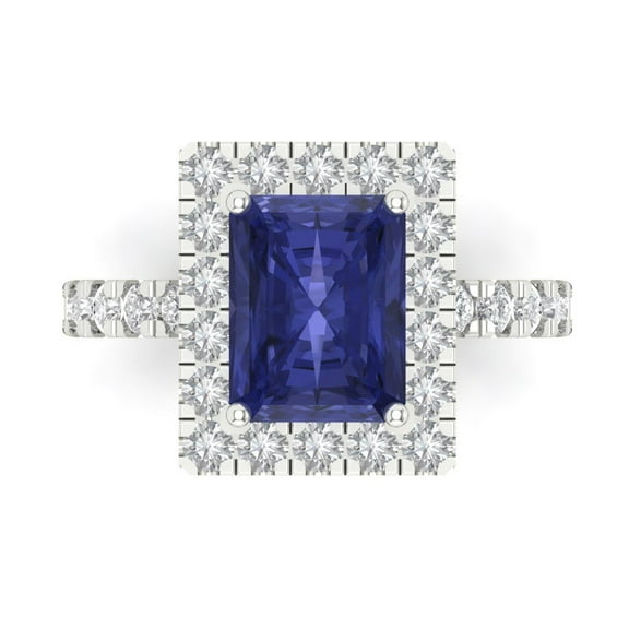 3.84ct emerald cut blue tanzanite 14k white gold engraving statement bridal wedding halo Designer Ring size 7.5