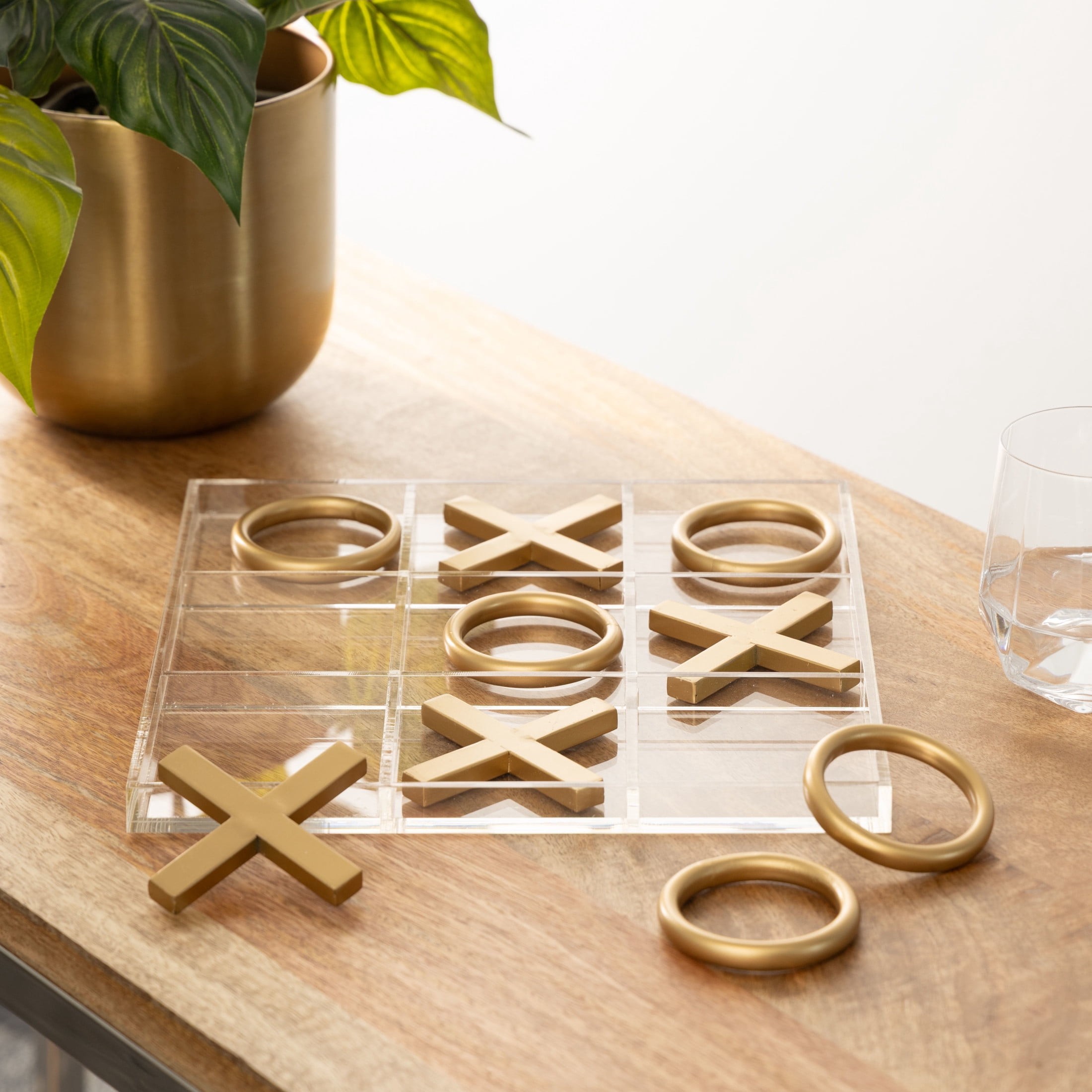 DecMode 12" x 1" Gold Metal Tic Tac Toe Game Set with Clear Acrylic Plastic Board, 1-Piece