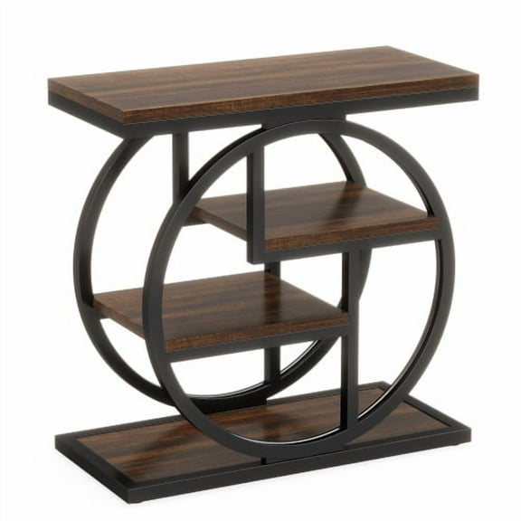 25.59" Industrial 4-Tier Narrow End Table with Storage Shelves, Rustic Brown Wood Side Table with Black Metal Frame, Slim Sofa Side Table or Bedside Nightstand for Living Room, Bedroom, Small Spaces