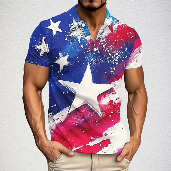 Jinhomg Mens Summer Graphic Shirts Patriotic4Th of July American Flag Tees Casual Comfy Short Sleeve Button Up Polos Shirt Big And Tall Independence Day Party Tops Blue L