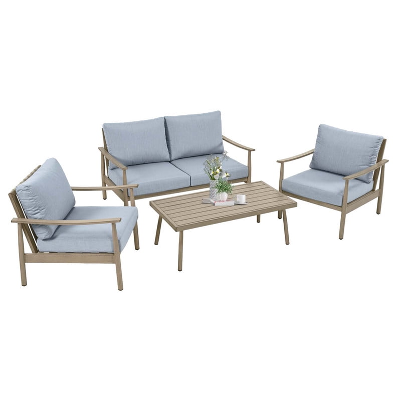 4-Piece Aluminum Patio Furniture Set, Rustproof Outdoor Conversation Set with Loveseat, Armchairs and Coffee Table