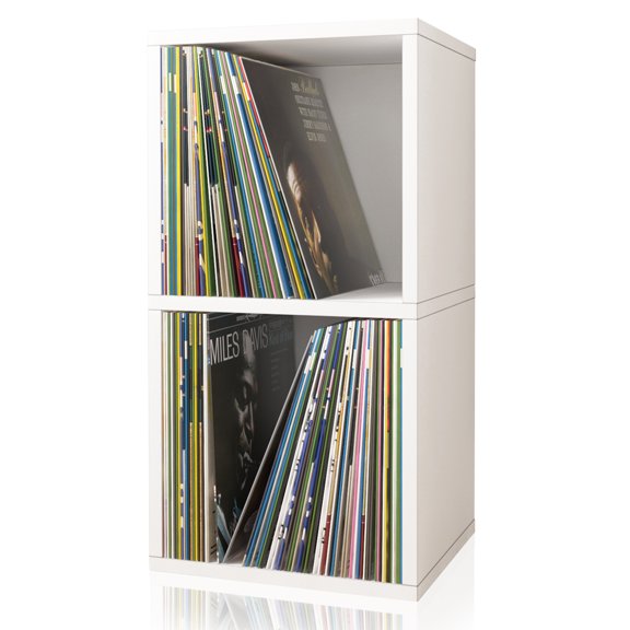 Way Basics 2 Tier Vinyl Storage Box Cube, LP Record Album Turntable Stand, White