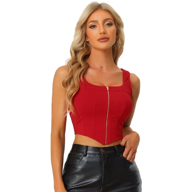 Camiseta corta sin mangas con cuello cuadrado y dobladillo asimétrico con cremallera frontal para mujer rojo M