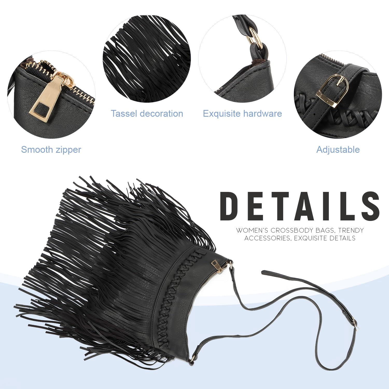 Leather Fringe Purse for Women Trendy Western Tassel Crossbody Bag Vintage Hobo Black Shoulder Messenger Bag