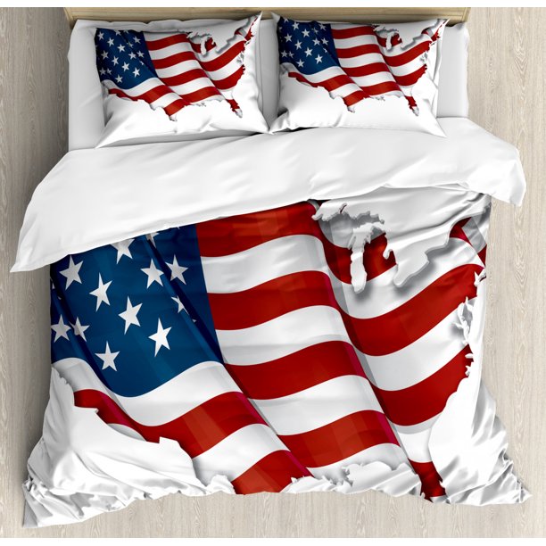 American Duvet Cover Set Queen Size, Patriotic Image with Waving United