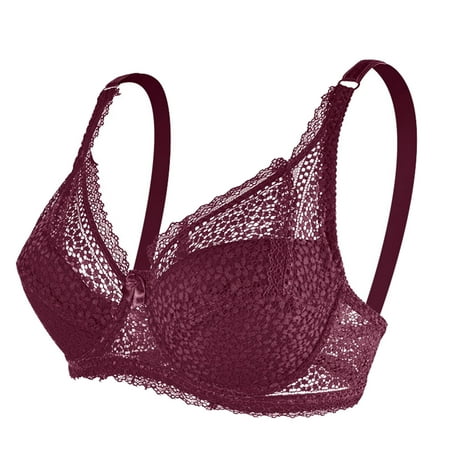 BKQCNKM Push Up Bra  Bras for Women No Underwire  Wireless Bras for Women  Underwire Bra Lace Floral Bra Unlined Unpadded Plus Size Full Coverage Bra  Plus Size Bras for Women Wine 95C/D