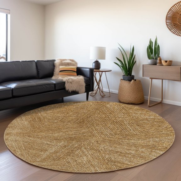 Addison Rugs Mayfield Premium Machine Washable Transitional Lines Gold Round Rug, 8' x 8'