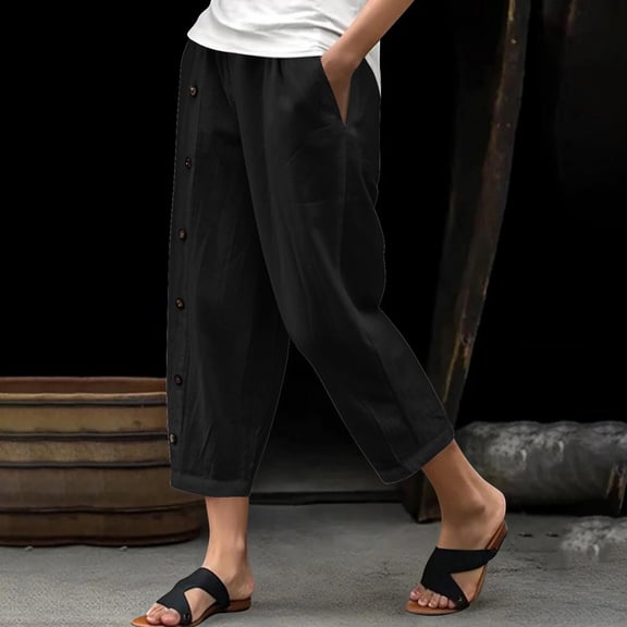 Ndbuld Women's Cargo Capris Pants with 6 Pockets Fashion Women Summer Comfortable Pocket Pants Casual Button Solid Capris Pant Clearance Under $5BlackL