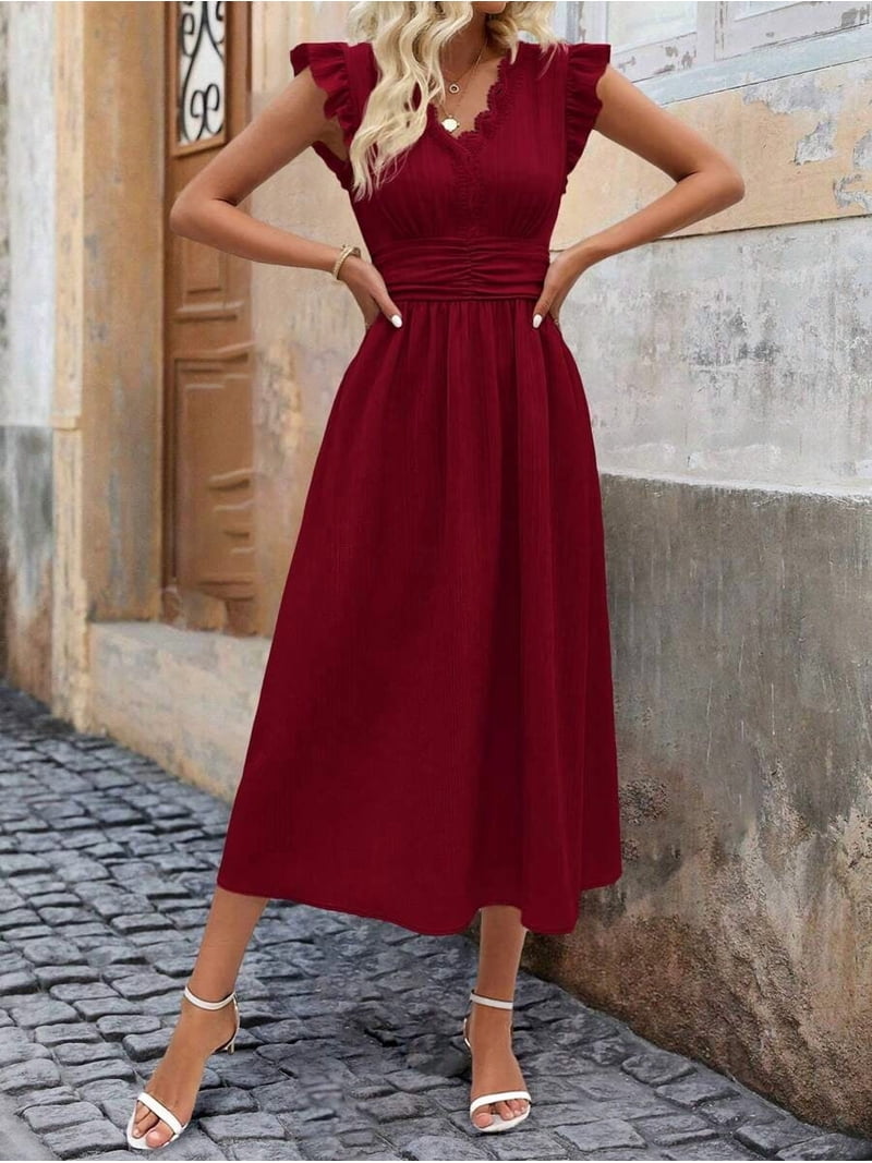 ruffle ruched midi dress Chiffon Ruffle Ruched Bust Midi Dress - Carob
