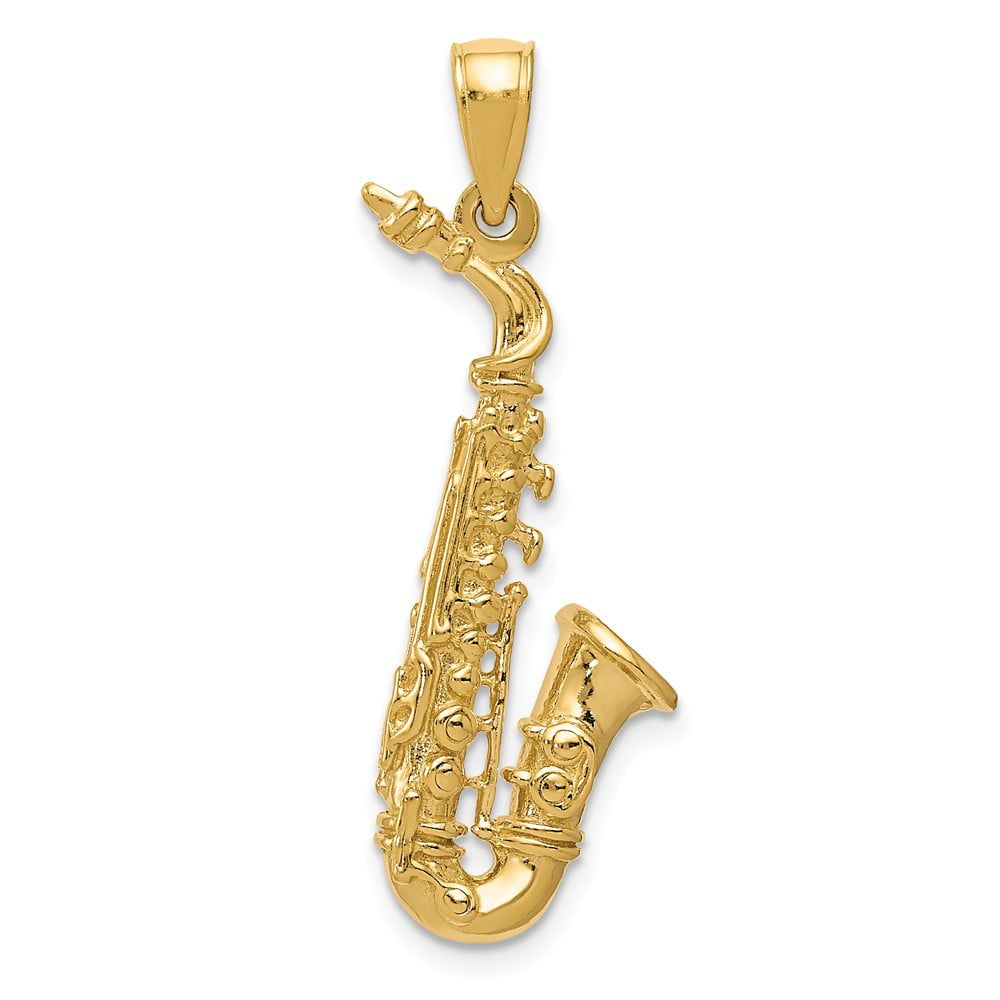 14k Yellow Gold Saxophone Pendant Trumpet Charm 3D Fashion 